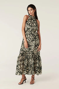 Eden Halter Neck Dress-Shadow Leaf Print
