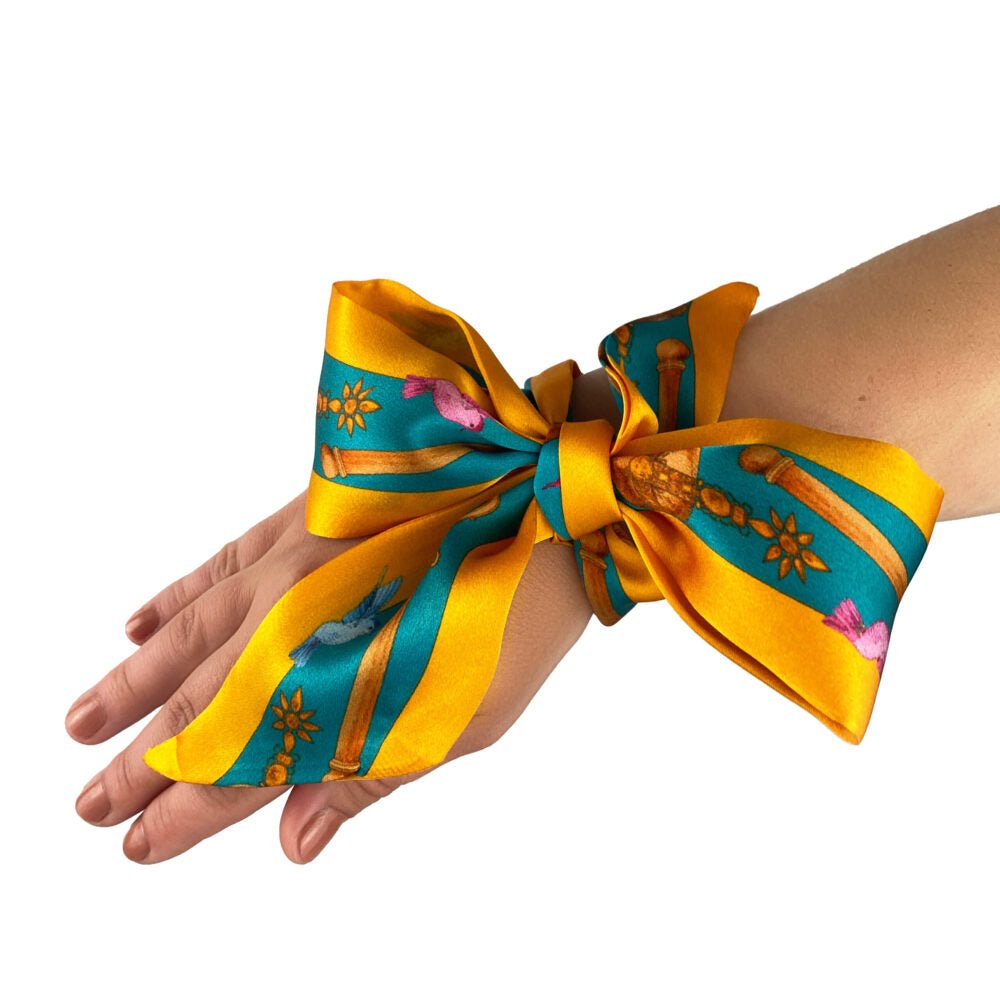 Silk Ribbon Scarf The Mysterious Lion King Gold - Teal