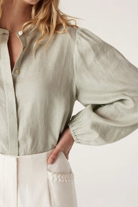 Pure Linen Puff Sleeve Blouse-Sage