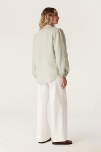 Pure Linen Puff Sleeve Blouse-Sage