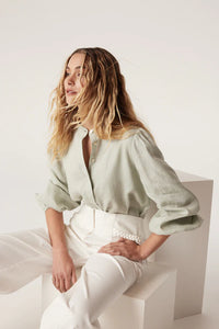 Pure Linen Puff Sleeve Blouse-Sage