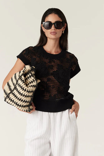 Shadow Lace Knit Top-Black