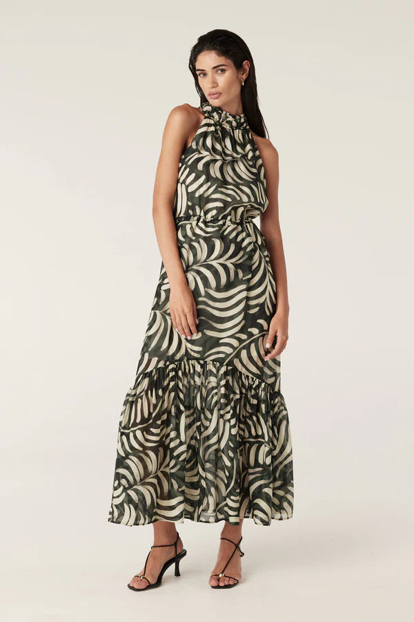 Eden Halter Neck Dress-Shadow Leaf Print