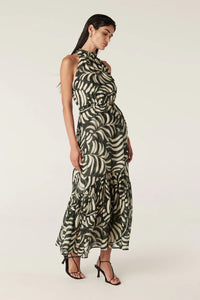 Eden Halter Neck Dress-Shadow Leaf Print