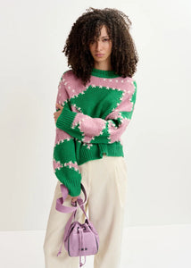 Gastrono Embroidered Knit Pullover-Green/Light Pink