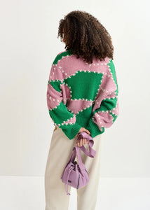 Gastrono Embroidered Knit Pullover-Green/Light Pink