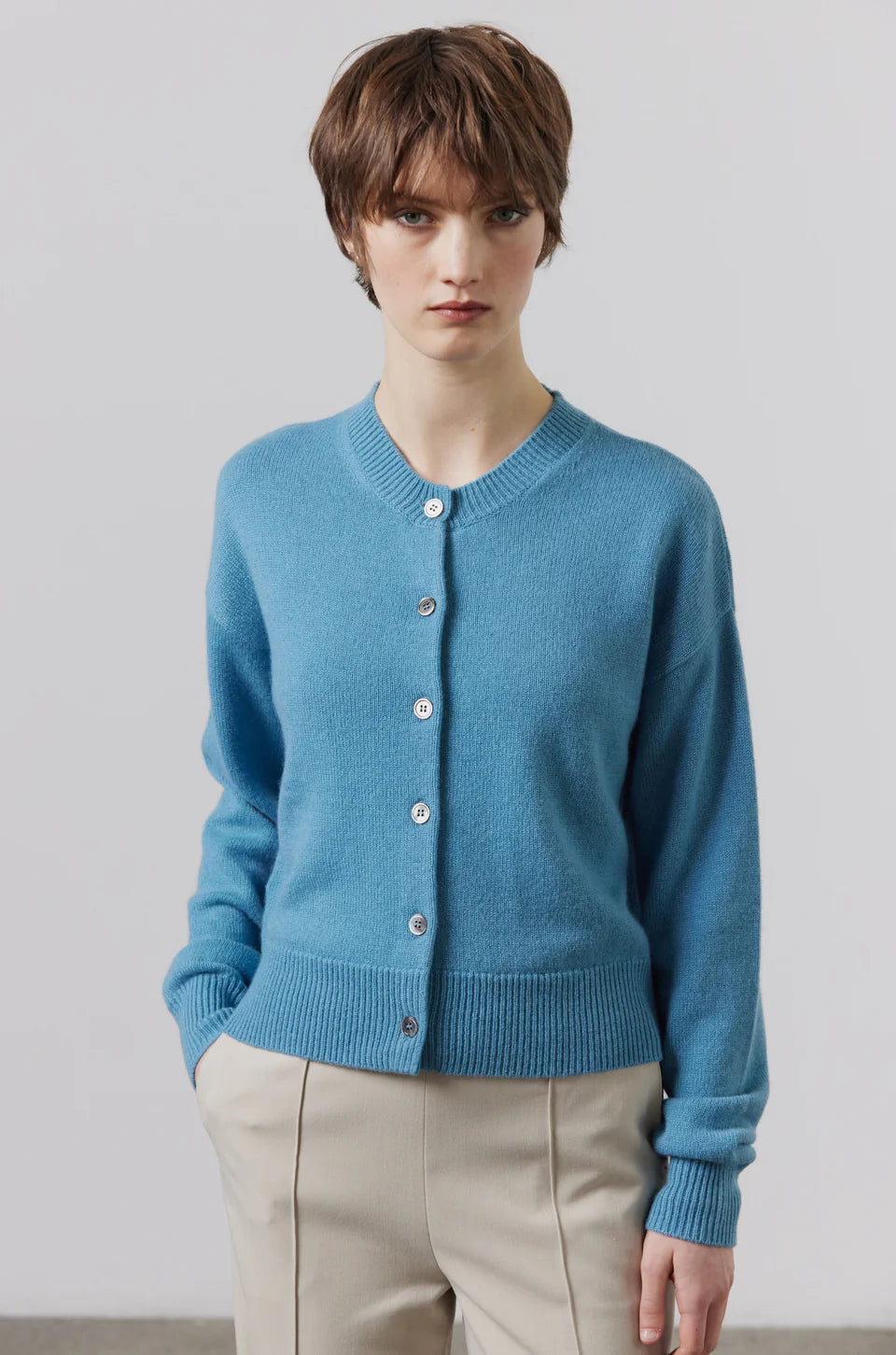 Boxy Crew Neck Cardigan-Cerulean