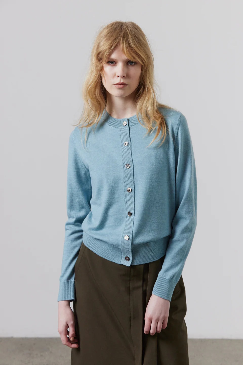 Sylvia Merino Cardigan-Pale Cerulean