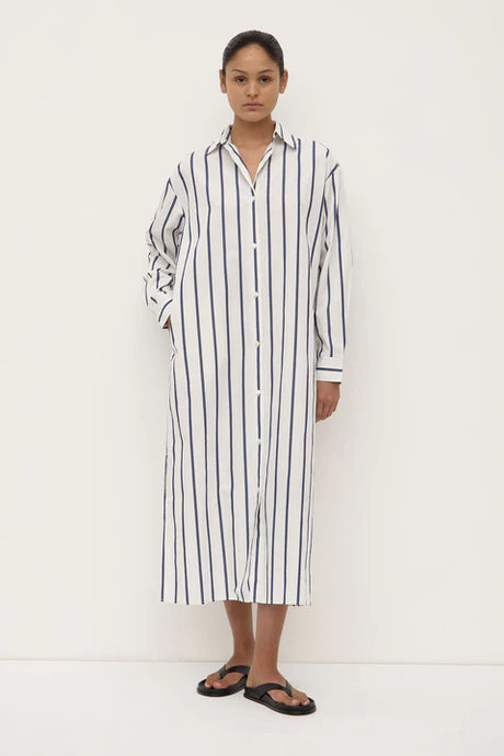 Nara Stripe Shirt Dress-White/True Navy