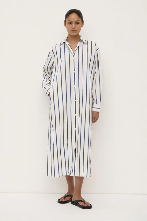 Nara Stripe Shirt Dress-White/True Navy