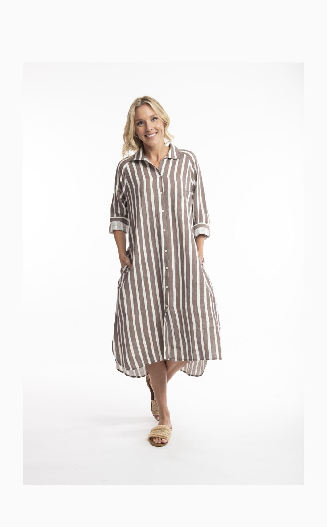 Stripe Pure Linen Shirt Dress-Rose Ash