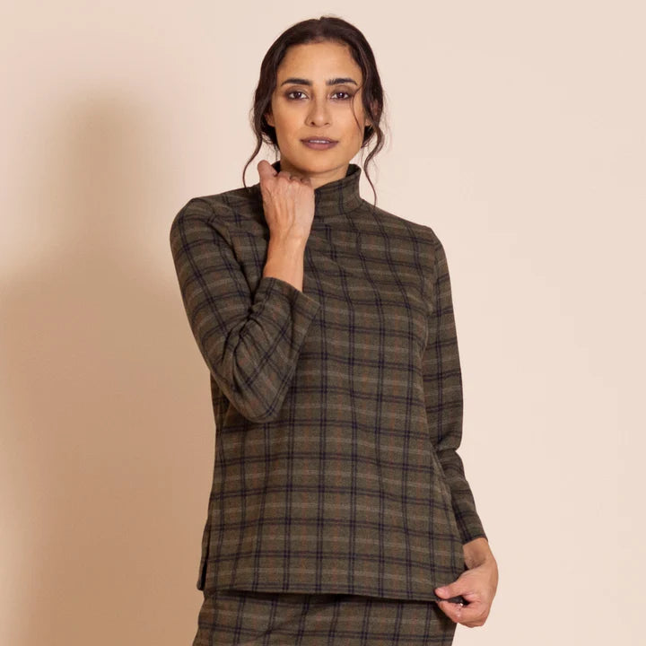 Plaid Hi Crew Tee-Olive