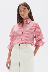 Signature Stripe Poplin Shirt-Redwood/White