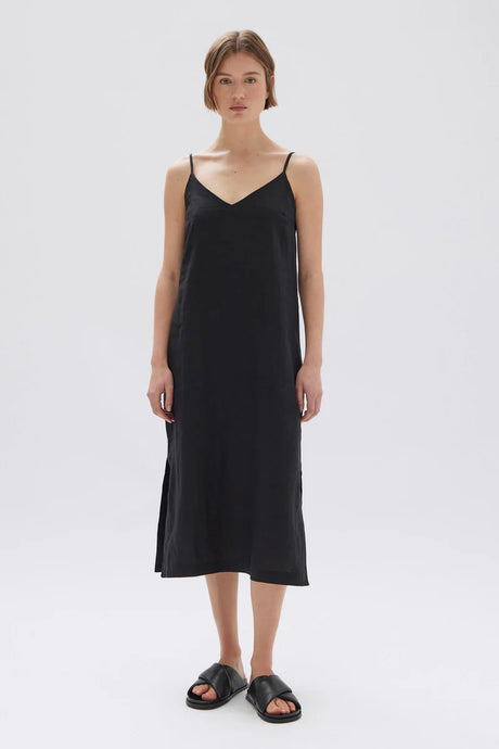 Vallory Linen Slip Dress-Black