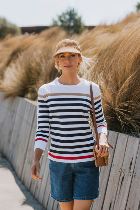 3/4 Sleeve Stripe Pullover-Nautical Combo