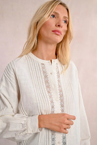 Pleated Blouse with Lace Insert-White