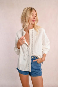 Pleated Blouse with Lace Insert-White