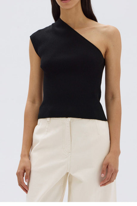 Elodie One Shoulder Knit Tank-Black