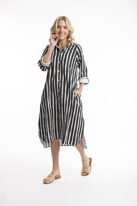 Stripe Pure Linen Shirt Dress-Black Stripe