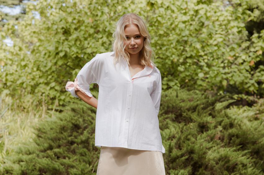 Classic oversize shirt with Polka dots-White with Peach Polka Dots