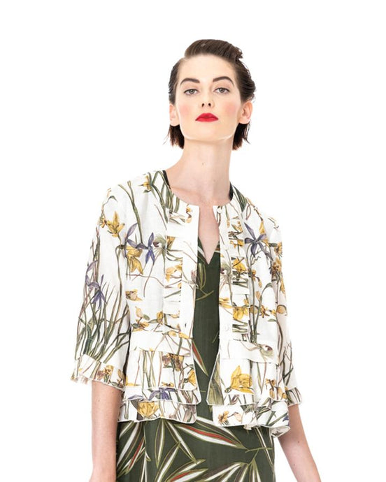 Orchids Frill Jacket-White/Original Megan Salmon Print