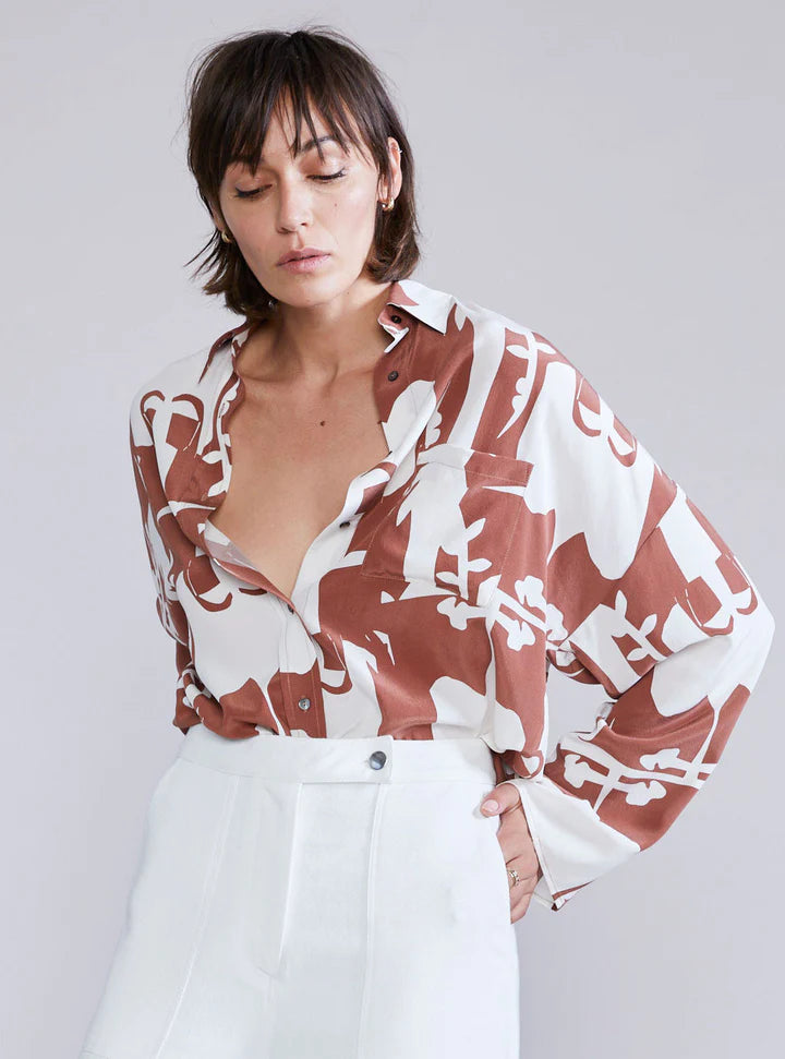 Schell Oversized Silk Shirt-Hazelnut Print
