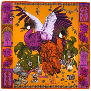 The Grand Treasure of African Crowned Crane Art Silk Scarf-Ochre/Fuchsia