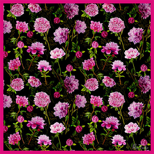 Peonies Art Silk Scarf-Pink/Black
